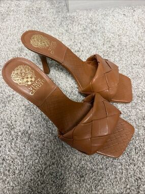 Vince Camuto Cognac Braided Leather Square-Toe Mule Heels